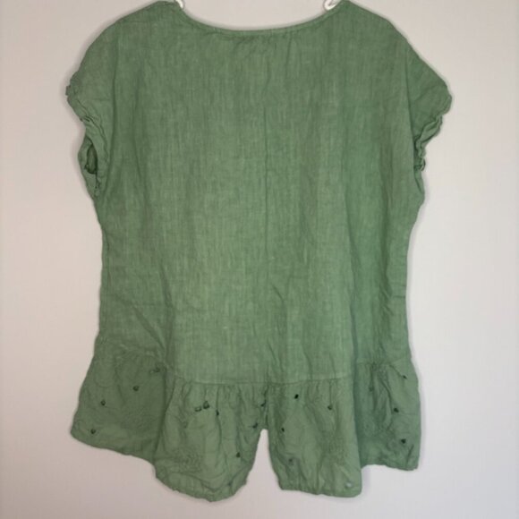 TERZO MILLENNIO Womens L Blouse Pullover Cap Sleeve Italian Linen Green Peplum - Picture 2 of 5